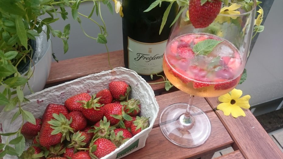 Bio Sekt Secco Cava 0,75l von Freixenet Sekt in Sektglass dekoriert mit frischen Erdbeeren