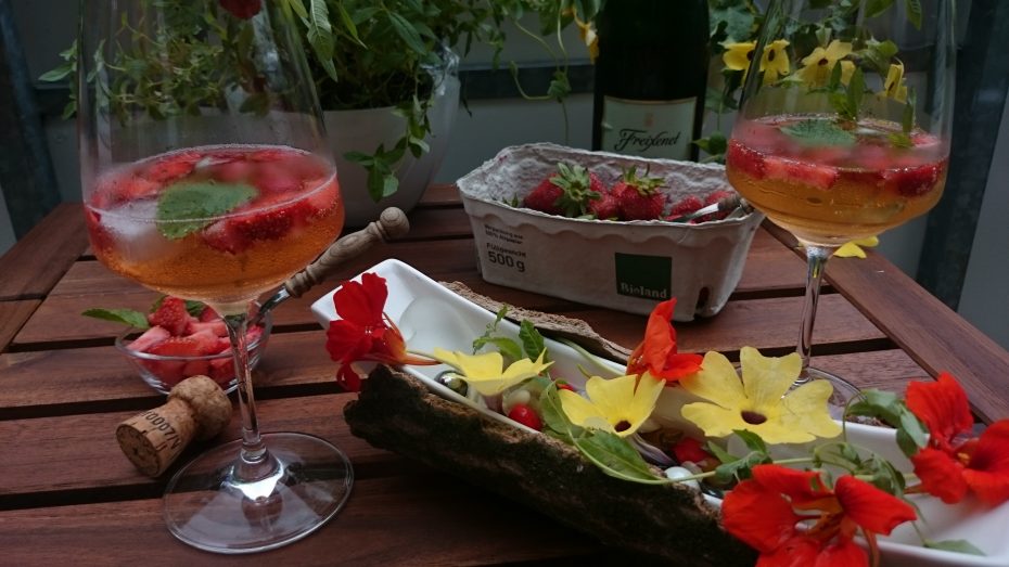 Bio Sekt Secco Cava 0,75l von Freixenet Sekt in Sektglass dekoriert mit frischen Erdbeeren.JPG (3)